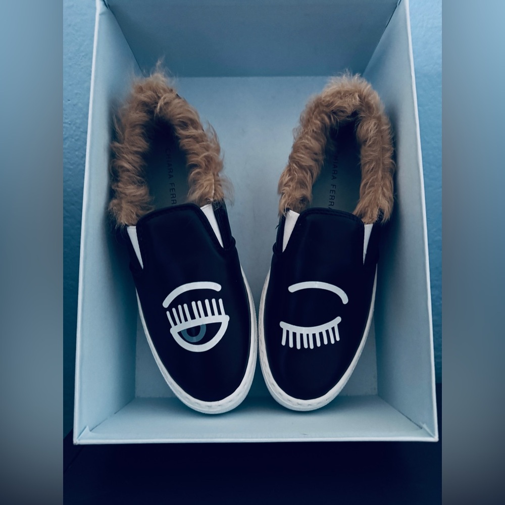 Chiara Ferragni Fur Lined Black Slip-Ons Flirting Collection SIZE 38/8 New